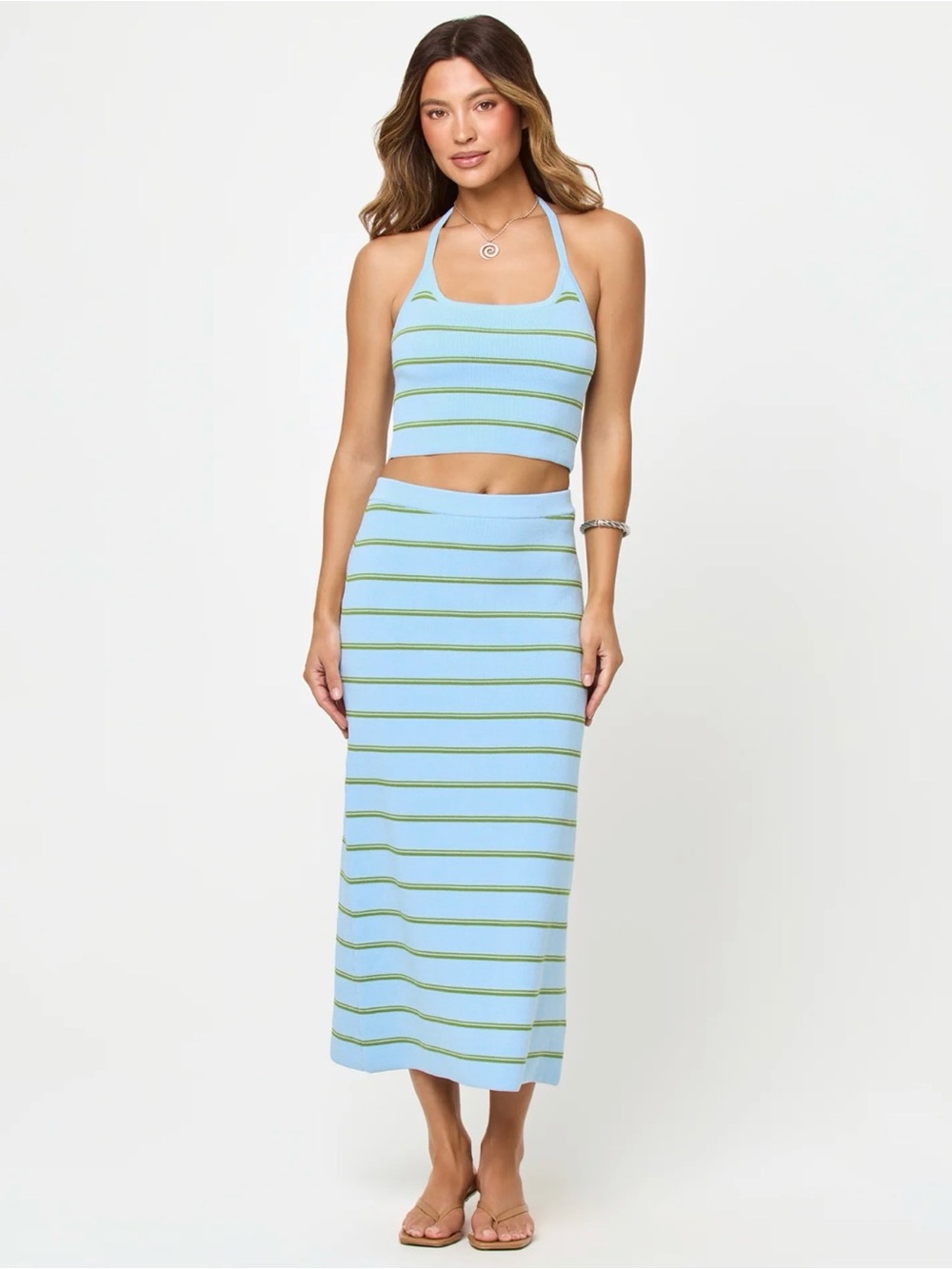 l*space Light Blue and Green Striped Knit Midi Skirt & Halter Top Set